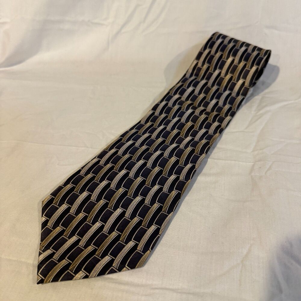 Pierre Cardin Tie Mens Vintage Geometric Abstract Gold Black Silk Made In USA